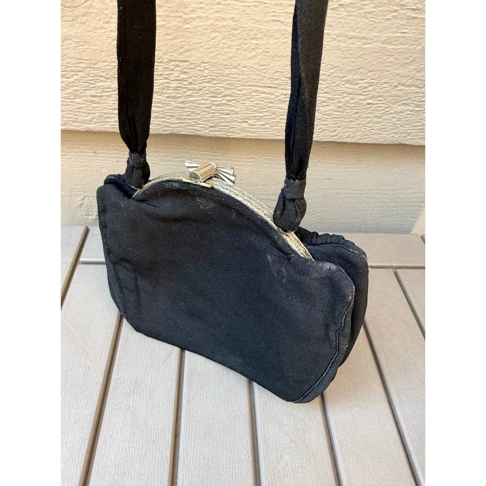 Vintage Black Fabric Handbag Silver Tone Fan Clasp Mid Century Evening Bag -BE